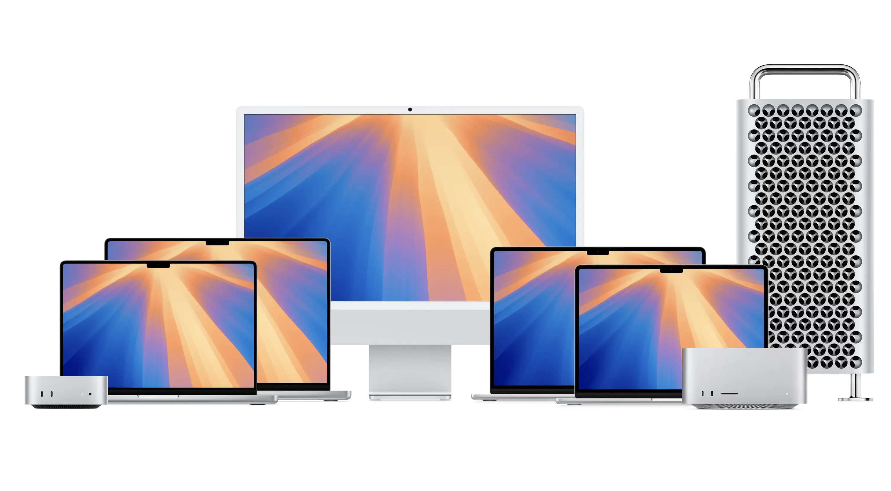 A collection of Apple devices including an iMac, MacBook Pro, iPad, and iPhone, all displaying various user interfaces.