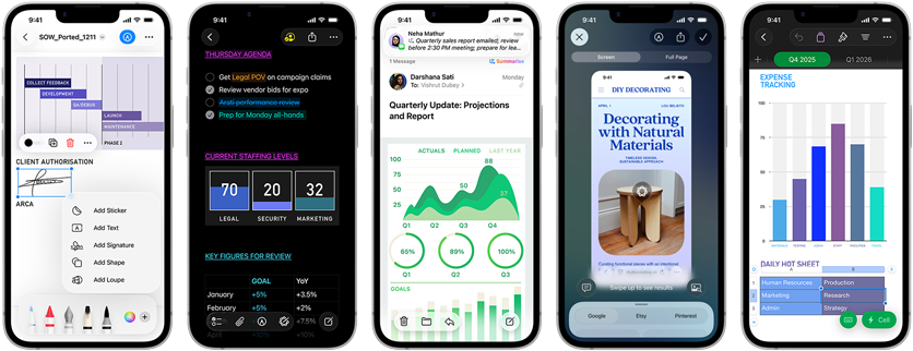 Few side-by-side iPhone 17e devices in portrait orientation showcasing performance with different graphs, charts and productivity business apps like Preview, Notes, Mail, Visual Intelligence, and Numbers