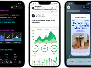 Few side-by-side iPhone 17e devices in portrait orientation showcasing performance with different graphs, charts and productivity business apps like Preview, Notes, Mail, Visual Intelligence, and Numbers