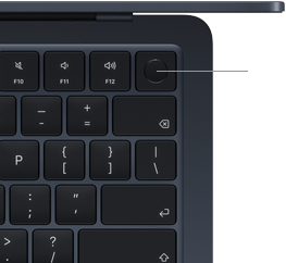 A close-up view of the Touch ID button in the top-right corner of a MacBook Air keyboard, with line connected to Touch ID icon, to show that you can touch the button to securely unlock the device