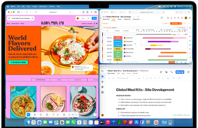 MacBook Air, screen shows Figma, Zoho, and Quip open in three separate windows, to demonstrate multitasking