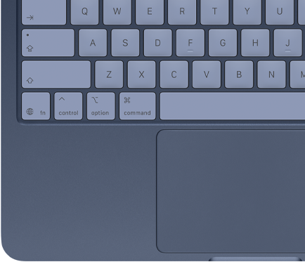 A top-down view of MacBook Neo in indigo, with color-coordinated keycaps and Multi-Touch trackpad visible