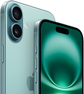 iPhone 16 Plus and iPhone 16, Action button, volume buttons, Side button, front exterior all-screen design, Dynamic Island centered near top, back exterior, Teal finish, raised Advanced dual-camera system in top left corner, Apple logo in center