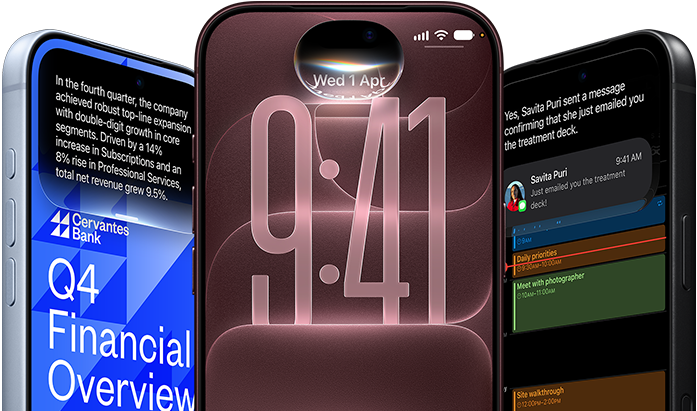 3 iPhone 18 Pro devices, in Glacier, Burgundy, Black displaying examples of AI: Banking, Siri AI, Message Summary